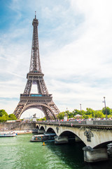 Eiffel Tower, bridge and Seine river view in Paris