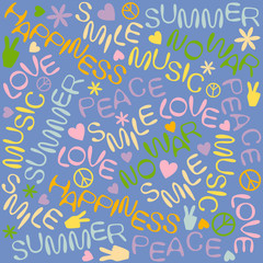 hand-drawn fonts and symbols in the hippie style on blue background