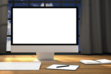 3D Rendering : illustration of  workplace mockup.PC monitor on wooden table with modern feel.dark gray curtain and glass window with blue sky outside.clipping path included