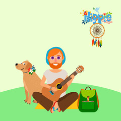 Hippie vector illustration. Barefoot man with dog and backpack sitting on the mat