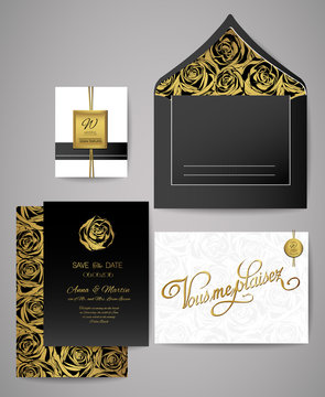 Set of gold and black floral invitation cards. Wedding invitations, envelope, rose pattern.