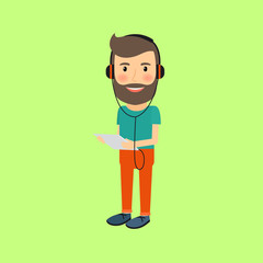 Cartoon illustration of hipster man with gadget and headphones. Vector icon