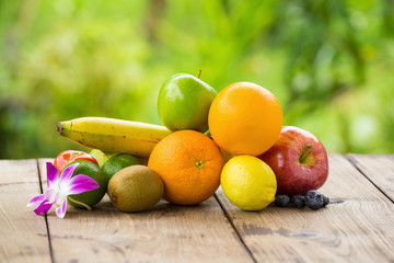 Citrus fruits on a brown wooden table