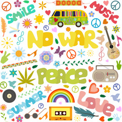 Naklejka premium hippie symbols and inscriptions no war, peace, isolated on white background