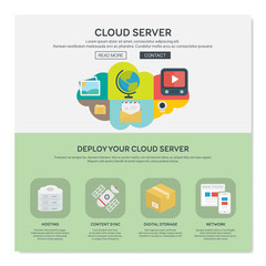 One page web design template of cloud hosting provider service, network server communication, business data solution. Flat design graphic.