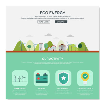 One page web design template of city environmentally friendly green energy, sun power development with solar panels. Flat design graphic hero image concept website elements layout.