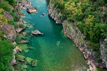Morača river canyon at summertime, nature landscape. Montenegro