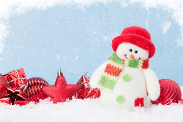 Christmas background with snowman and decor