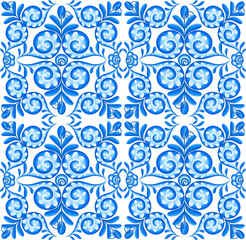 Blue vector floral ceramics seamless pattern tile in Portuguese style