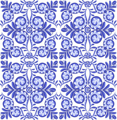 Blue vector floral square ceramics seamless pattern in Portuguese style