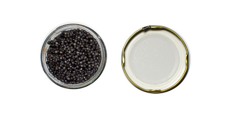 Black caviar in a jar on a white