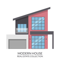 Modern house with garage, real estate sign in flat style. Vector illustration.