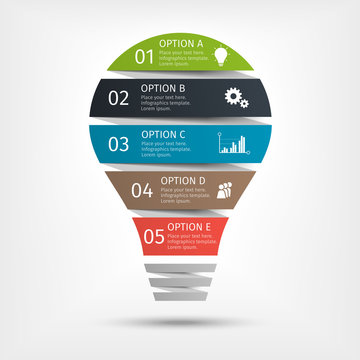 Modern light bulb infographic, 5 options. Template for presentation, chart, graph. Vector illustration