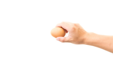Hand holds a brown egg on a white background