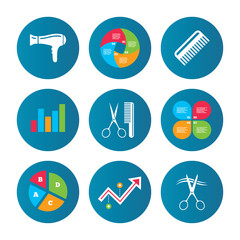 Hairdresser icons. Scissors cut hair symbol.