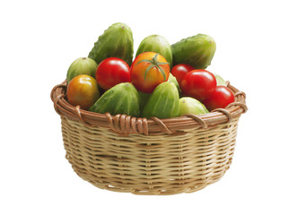 Cucumbers and tomatoes in a basket. Ingredients for cooking