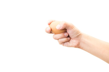 Hand holds a brown egg on a white background