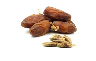 Seed of Medjool dates or palm fruit on white background