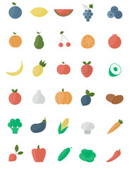 Set of flat fruits and vegetables icons set