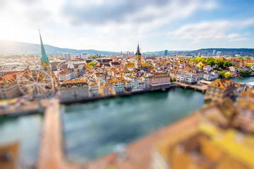 Foto op Canvas Aerial panoramic cityscape view on the old town of Zurich city in Switzerland. Image with tilt-shift effect © rh2010