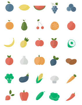 Set of flat fruits and vegetables icons set