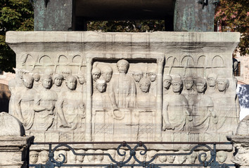 The base of the Obelisk of Theodosius in the historic center, at the hippodrome, Istanbul Turkey

