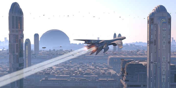 aeronave cruzando una ciudad futurista