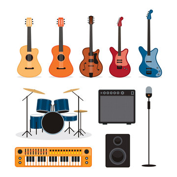 Music Instruments Objects Set, Flat Design Symbol and Icons Vector