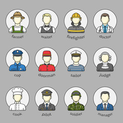 Mens icons and avatars in a circle with name. Set of different male professions.Firefighter, soldier, doctor, manager, policeman, pilot and other. Color outlined icon collection. Vector illustration.