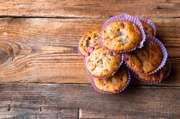 Tasty homemade muffins. Top view. Copyspace