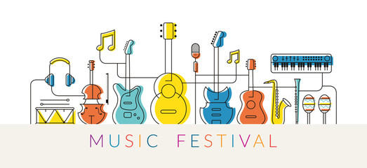 Naklejka premium Music Instruments Objects Background, Line Design, Festival, Event, Live, Concert