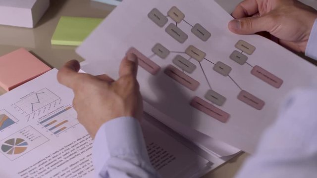 Close-up of businessman looking through the documents from his document case. He checks up the diagrams and schemes