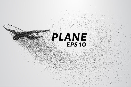 The plane of the particles. The plane disintegrated into small molecules. The plane takes off. Vector illustration