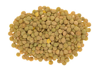 Organic green lentils on a white background top view. 
