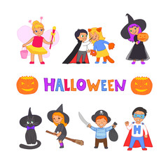 Happy Halloween. Set of cute cartoon doodle children in colorful halloween costumes: cat, pirate, witches, dracula, super hero. Cartoon icon set for halloween kid design. Isolated on white