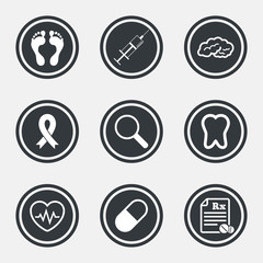 Medicine, medical health and diagnosis icons.