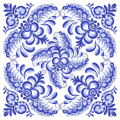Blue vector square napkin in Russian Gzhel style