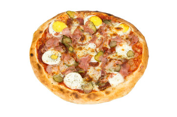 Pizza on a white background with eggs, ham, salami, cheese, pickles and spices.