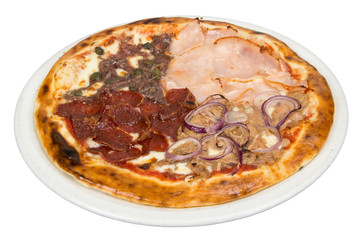 Pizza on a white background with meat, fillet, cheese, mushrooms, peas, onions and tomato sauce.
