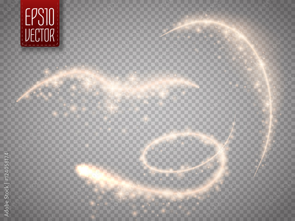 Poster Set of magic glowing spark swirl trail effect isolated on transparent background. Bokeh glitter wave line with flying sparkling flash lights. Vector
