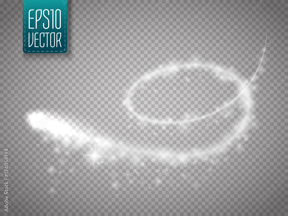 Poster Magic glowing spark swirl trail effect isolated on transparent background. Bokeh glitter wave line with flying sparkling flash lights. Vector