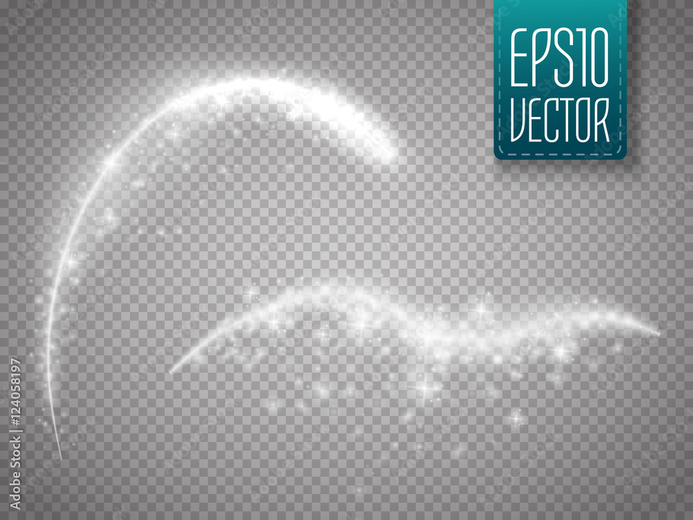 Poster Magic glowing spark swirl trail effect isolated on transparent background. Bokeh glitter wave line with flying sparkling flash lights. Vector