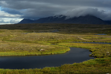 Cold tundra in the polar mountains. Polar Urals, Russia.