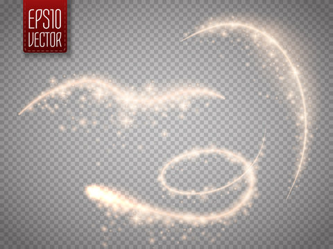 Set of magic glowing spark swirl trail effect isolated on transparent background. Bokeh glitter wave line with flying sparkling flash lights. Vector