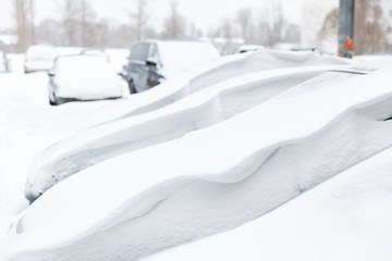 Cars covered with fresh white snow