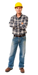 Full-length workman construction contractor carpenter with arms crossed isolated on white background for use alone or as a design element