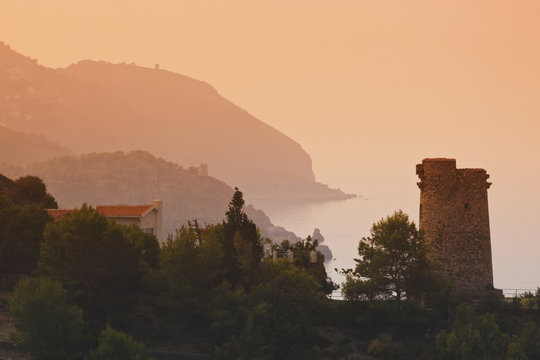 Torre Del Pino Watchtower On The Cliffs Of Maro-Cerro Gordo Natural Park, Near Maro And Nerja; Malaga Province, Costa Del Sol, Andalusia, Spain