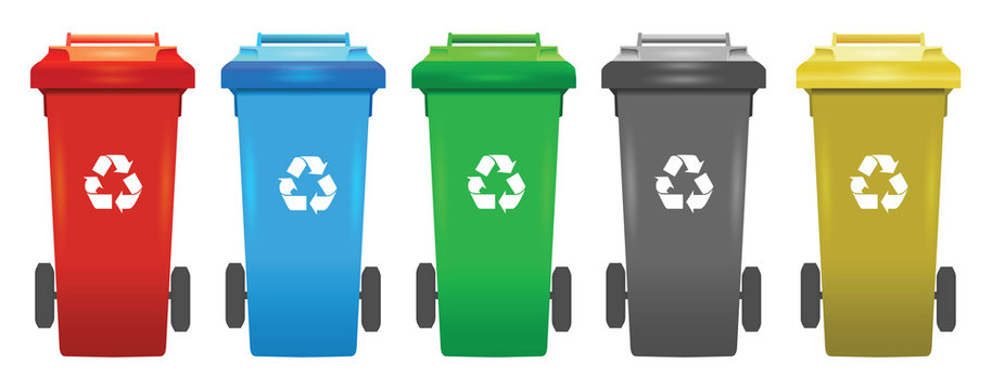 Colorful recycle trash bins isolated white, vector set. Big containers for recycling waste sorting - plastic, glass, metal, paper