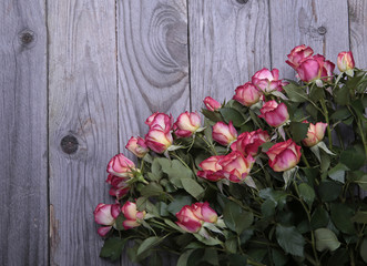 beautiful roses lie on the rough wooden table