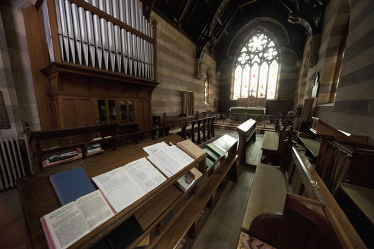 Music Laid Out In Front Of A Pipe Organ In A Church; Northumberland, England